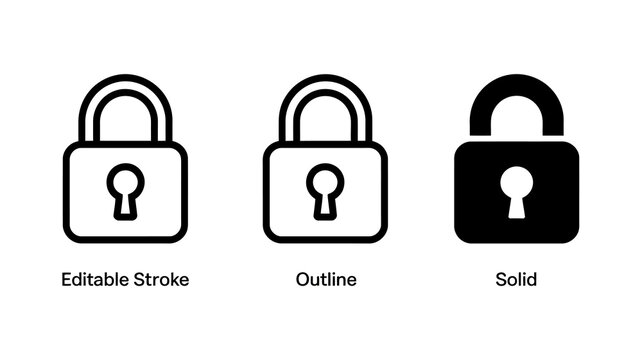 This image displays three variations of a padlock icon an editable stroke an outline and a solid black version high quality professional detailed modern elegant stylish