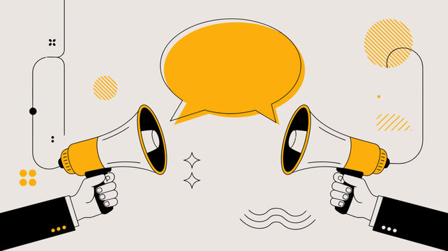 An illustration depicts two hands holding megaphones aimed at a speech bubble conveying a message or announcement visually high quality professional detailed modern elegant stylish clean