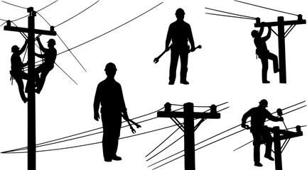 Fototapeta premium Lineman silhouette, Lineman svg, Line worker svg, Electrician svg, Electrical lineman svg, Lineman climbing silhouette, Power lineman svg, Line worker silhouette, Lineman vector illustration set