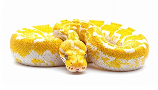Albino Burmese Python Coiled on White Background.