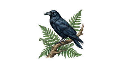 Fototapeta premium Detailed black crow perched on a branch with green fern leaves for nature and wildlife design,