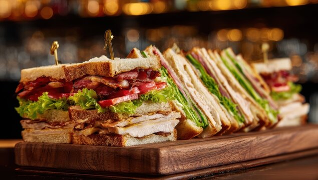 Club Sandwich Platter - Stacked Layers of Turkey, Bacon, Lettuce, and Tomato on Wooden Board.