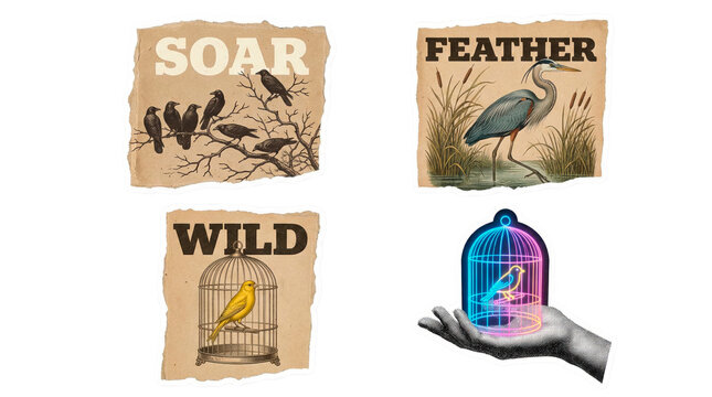 Bird freedom and captivity concept with various bird illustrations, vintage and modern art sty