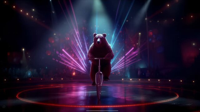 Grizzly Bear Masterfully Balancing on Unicycle in Cirque de Soleil Style Stage
