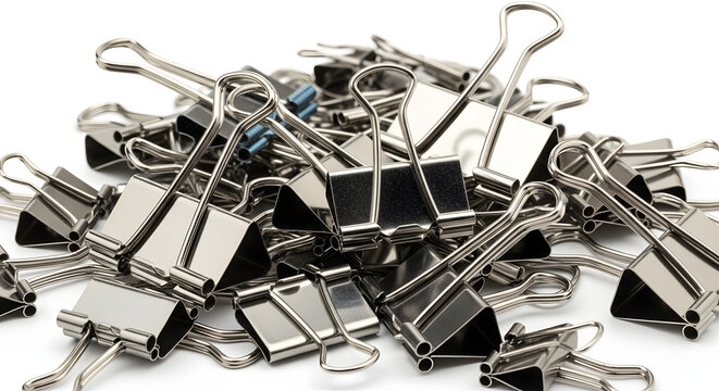 A large scattered pile of metallic binder clips, essential office supplies for organizing documents, presented on a clean white background, showcasing their utility and quantity