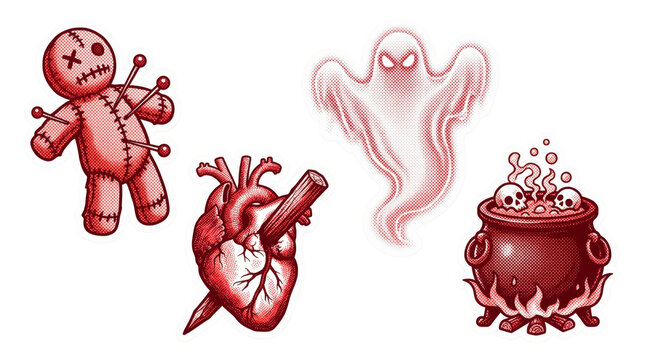 Spooky voodoo doll, ghost, heart, and cauldron for Halloween and magic design, isolated on whi