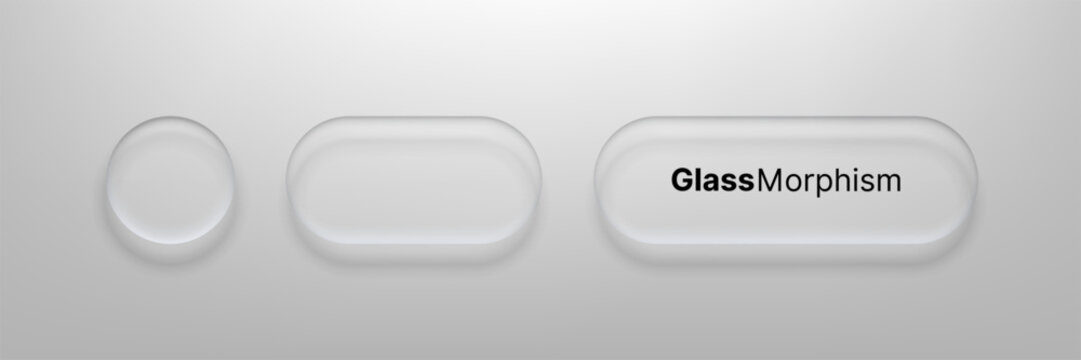 Abstract glass morphism interface with rounded button and circular element. Digital UI design element with frosted effect and soft shadow. Minimalist vector graphic for app development.