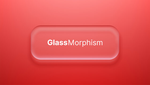 Red background with a frosted glass morphism button overlay. Floating translucent panel with soft blur effect for user interface design. Modern digital element for web application.