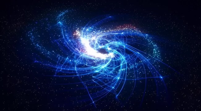 Abstract galactic nebula of swirling blue light and cosmic particles in space