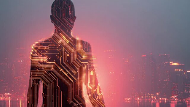 Human Silhouette Transformed by Glowing Circuitry Against Cityscape