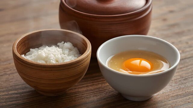 木の飯椀と白磁に盛り土鍋を背景に器素材で卵かけを比較