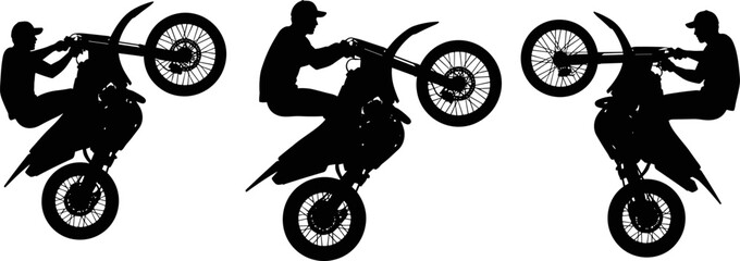 Motorcycle stunt rider silhouettes set, motocross bike wheelie tricks, extreme sport motorbike action vector illustration isolated on white © Tohidul