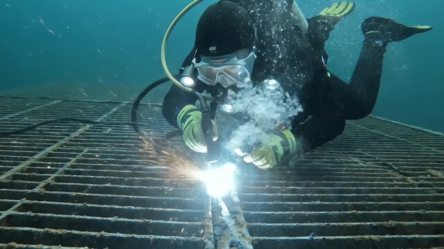 Underwater Welder In Full Scuba Gear Performing Metalwork With Sparks Flying In Murky Blue Water Creating Industrial Construction Scene
