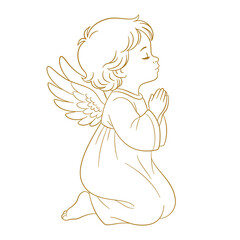 Naklejka premium Klęczący aniołek w modlitwie. Małe dziecko-anioł ze skrzydłami, klęczące ze złożonymi dłońmi i zamkniętymi oczami w skupieniu modlitwy. Grafika na zaproszenia komunijne, chrzciny, kartki religijne