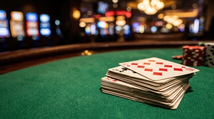 Fototapeta premium Stack of playing cards on a green felt table Blurred casino lights and poker chips provide a dynamic background