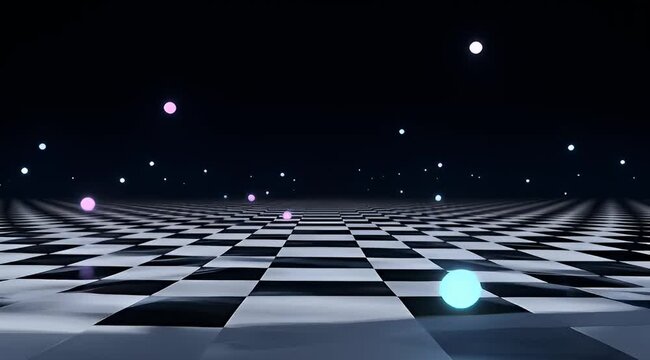 Illuminated spheres floating over a checkered plane with a dark background scene