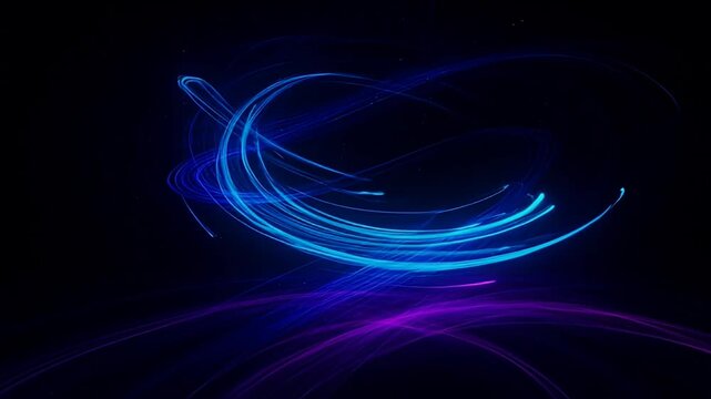 Abstract image of spiraling blue and purple light streaks on a black background