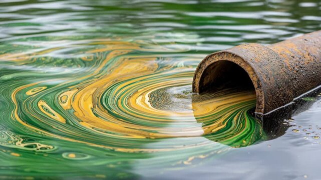 Industrial waste flowing from a rusty pipe into clear water, creating colorful toxic swirls.