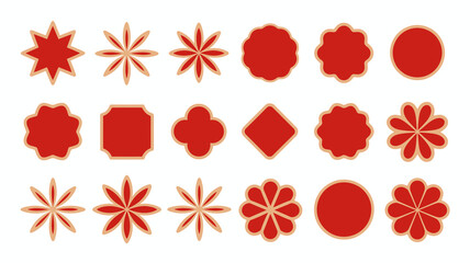 A collection of vibrant red decorative seals or emblems featuring various floral and geometric designs with golden outlines high quality professional detailed modern elegant stylish clean
