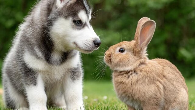 An adorable husky puppy and a small brown rabbit meet on green grass and share a sweet nose kiss.