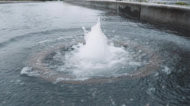 Heavy water splashing out of a sewer drain during a rainy day causing street flooding.