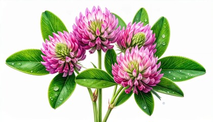 Fototapeta premium Vibrant Red Clover Blossoms with Dew Drops on White Background.