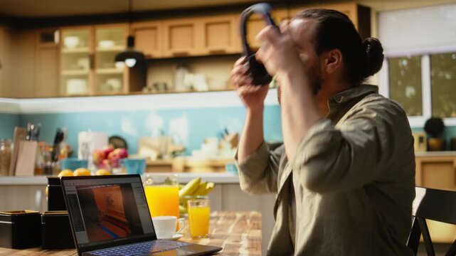 Man working remote as game developer to design interactive gaming software, 3D modeling computer science and user interface development. Progress in the modern videogame industry.