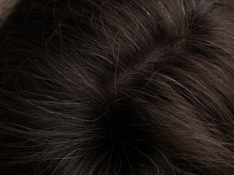 Closeup of woman head hair with grey and graying hairs growing