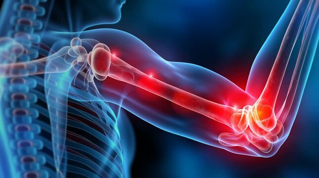 A medical video illustrating a painful elbow joint with inflammation