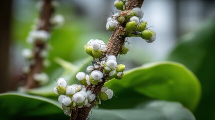 Fototapeta premium Tiny white mealybugs forming a dense cluster on the green stem of a succulent plant, showcasing a common garden pest.