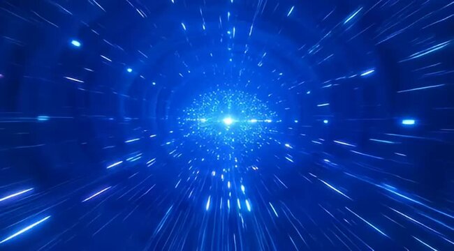 A brilliant blue wormhole or hyperspace tunnel with star streaks effect
