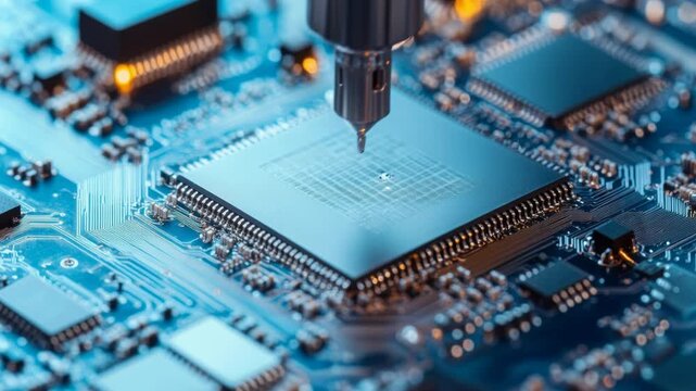 Precision Soldering Tool Depositing Microscopic Component on Circuit Board