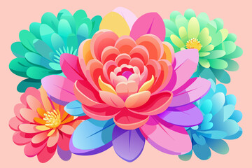 Fototapeta premium Large central lotus-like flower surrounded by smaller colorful blooms and broad leaves presents a central focal point for cheerful naturalistic seasonal advertising material.