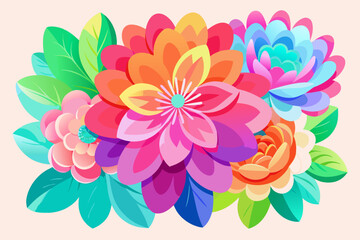 Obraz premium Assortment of vibrant, layered floral elements and tropical leaves creates a colorful border arrangement ideal for decorative greeting cards and spring design projects.