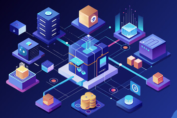 Obraz premium Centralized computer server cluster anchors a complex web of data storage cylinders and abstract digital modules in a futuristic, neon-lit isometric system overview graphic.