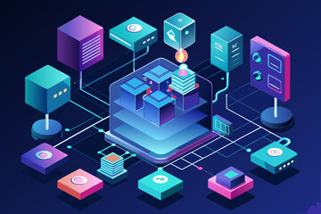 Fototapeta premium Glowing modular blocks representing data components and servers are linked by vibrant blue lines showing centralized processing power in a dark three dimensional technological diagram.