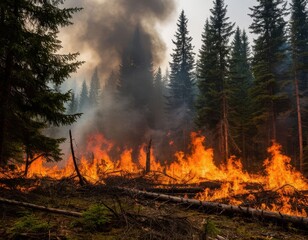 Fototapeta premium Forest fire engulfing trees and underbrush with thick smoke rising in a dense coniferous forest during a wildfire in a natural setting