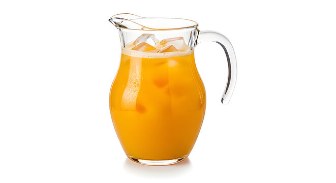 Glass pitcher with fresh juice and ice cubes, isolated on White background