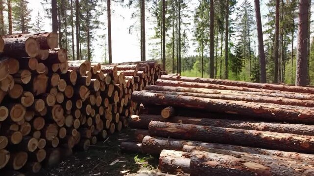 Stacked logs in forest, sustainable logging and lumber industry, timber stock.