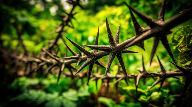 Intricate patterns of sharp thorn bushes creating dense thickets in natural green foliage