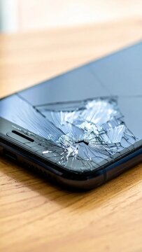 Close-up of a smartphone with a severely cracked screen resting on a wooden table, highlighting the damage to the device.