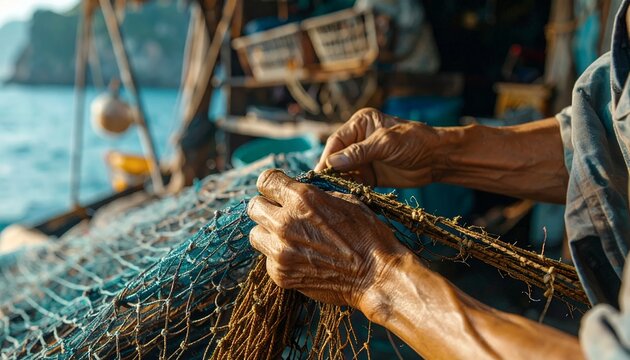 Close-up of weathered hands mending a fishing net on a boat, with the ocean in the background.