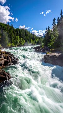 Dynamic River Rapids Flowing Through Lush Green Forest Under Blue Sky.