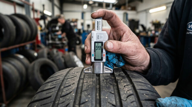 Mechanic checking car tire tread depth with gauge