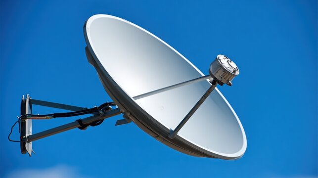 A silver satellite dish receiver with a precise parabolic shape angled against a clear blue sky
