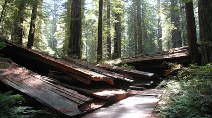 Fototapeta premium Massive Fallen Redwood Trunks Lie Scattered Across a Sun-Dappled Forest Floor