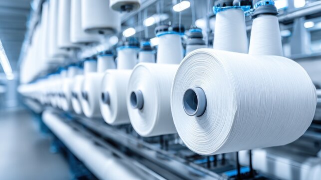 Industrial yarn spinning machine with countless white spools in a brightly lit factory setting