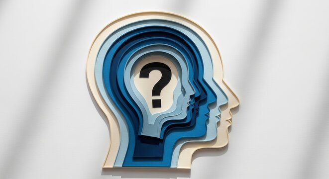 A creative layered paper cut of a human head with a question mark inside, symbolizing curiosity and inspiration.