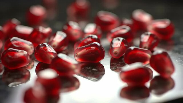 Close-up of juicy red pomegranate seeds on a reflective surface, food photography. Pomegranate, seeds, red, juicy, food, fruit, healthy.