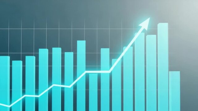 Blue bar graph with a rising white line and arrow indicating growth and success on a grid background